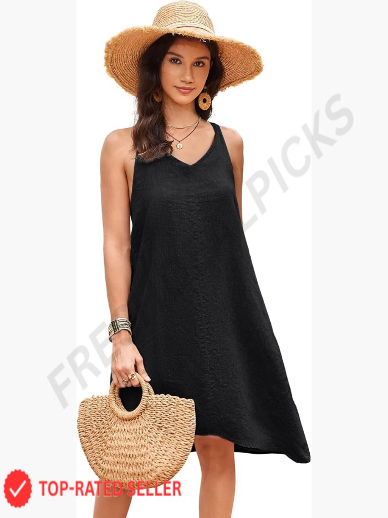 100% Linen Halter V Neck High Low Midi Dress With Pockets Casual Flowy